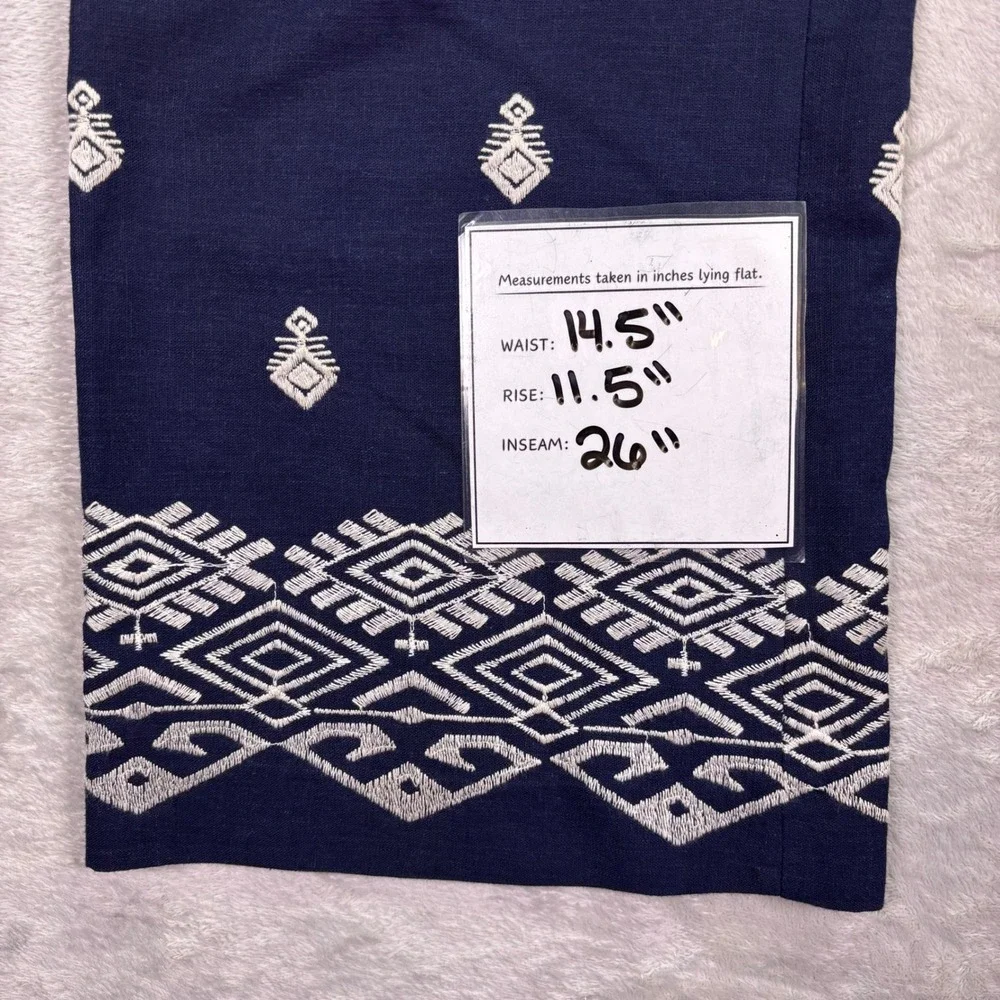 Zara Women Culottes‎ Small Navy Blue Embroidered Linen Blend High Rise Wide Leg